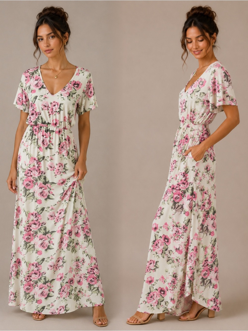 7th Ray Cream Maxi Dress with Pink Floral Print